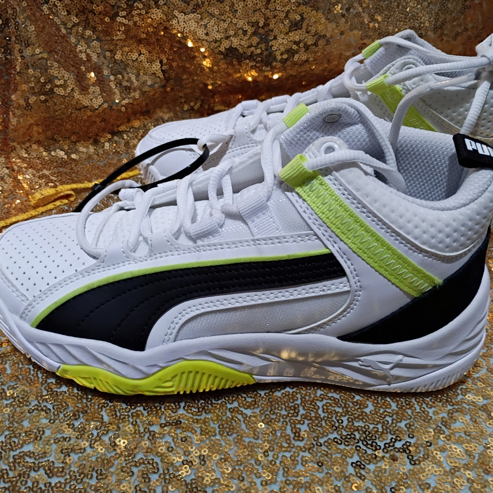 Puma Kids White and Black Sneakers with Neon Green Accents